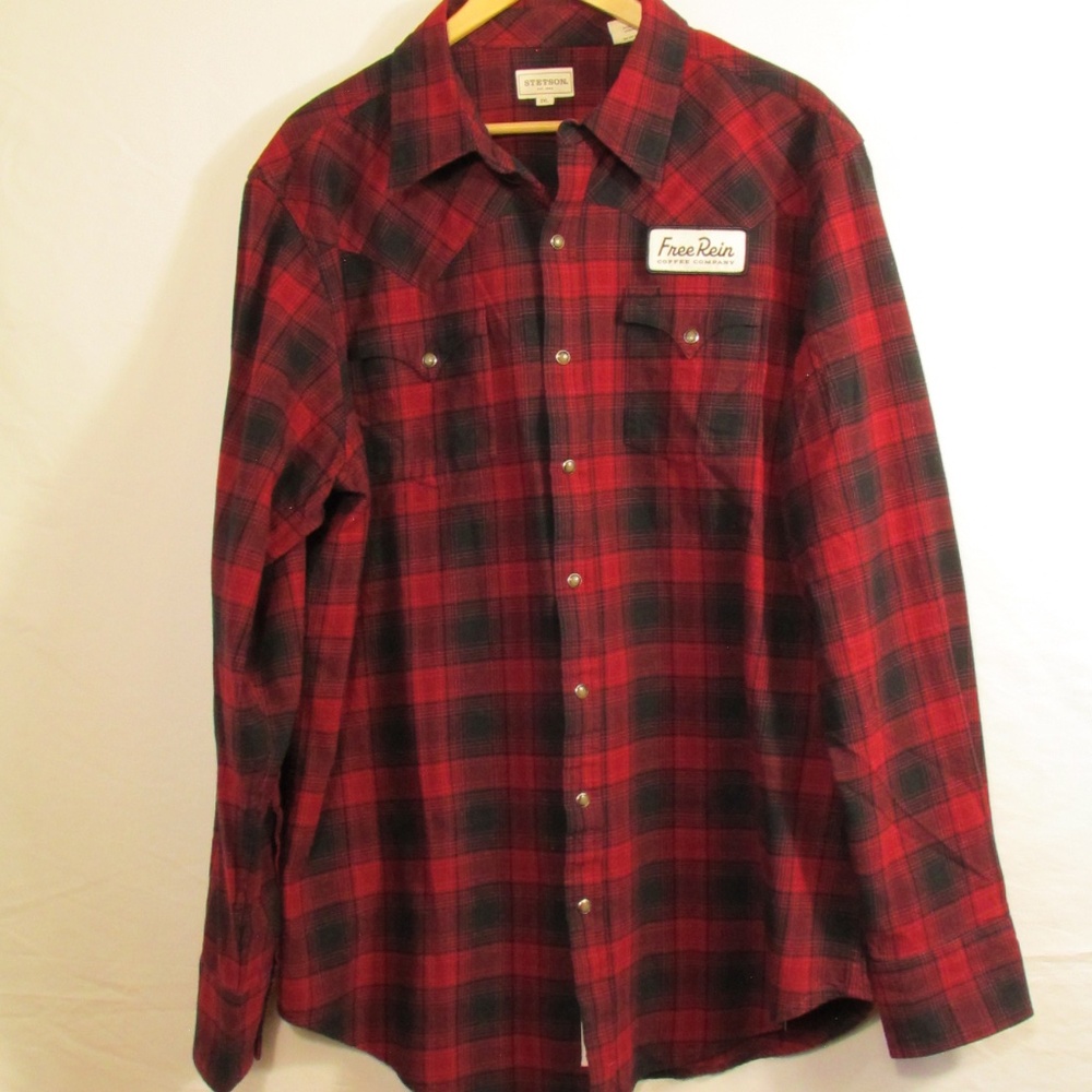 Stetson brand men's western-style flannel shirt in a red and black plaid pattern